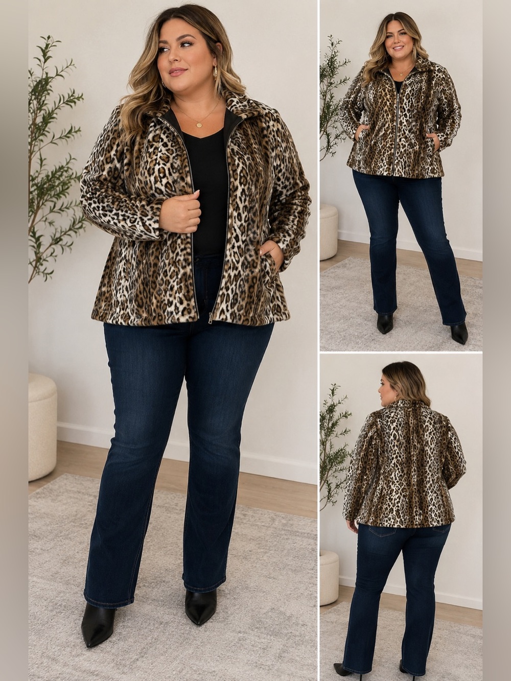 Chico’s Leopard Print Fuzzy Zip-Up Sweater Chic Teddy Soft Plush Animal Print